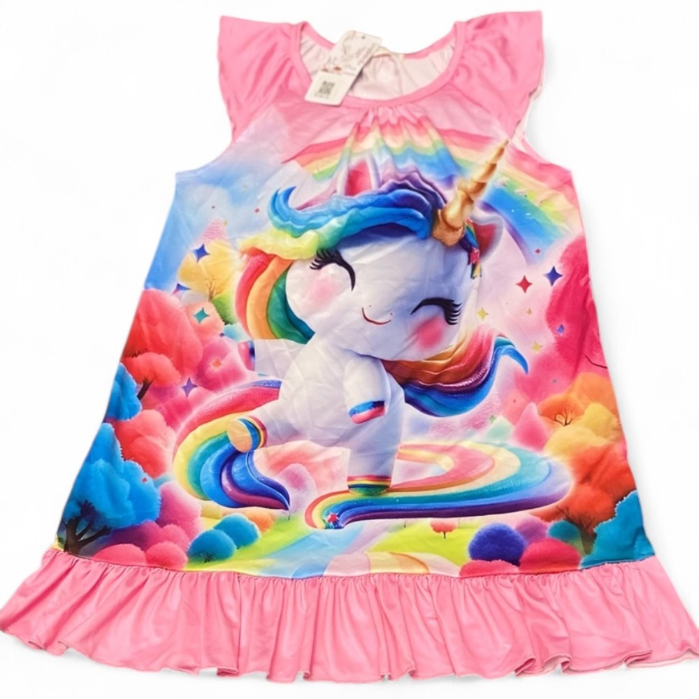 Nightgowns Rainbow Unicorn Round Neck Princess Flutter Short Sleeve